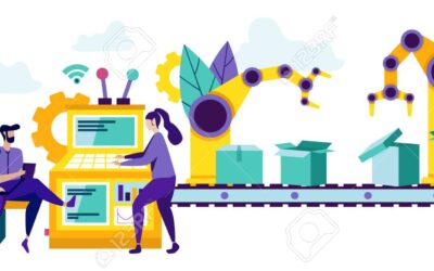 Factory Production Line Employees Pack Products. Vector Illustration on White Background, Cartoon Flat. Men Evaluate Productivity Automated Line. Woman and Man Fold Box on Production Tape.